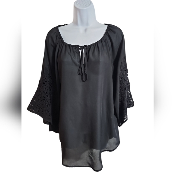 Joyce Large Vintage 80's Semi-Sheer Gothic Romantic Lace Bell Sleeves Blouse - Picture 1 of 7